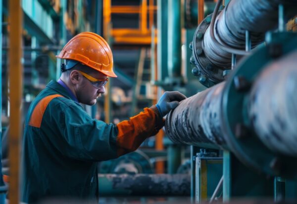 A factory worker inspecting a leak in a steel pipeline system, highlighting the importance of regular maintenance