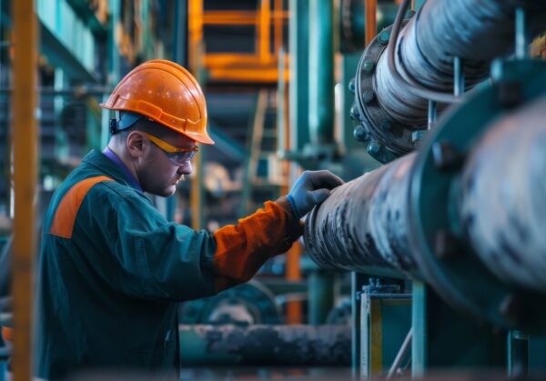 A factory worker inspecting a leak in a steel pipeline system, highlighting the importance of regular maintenance