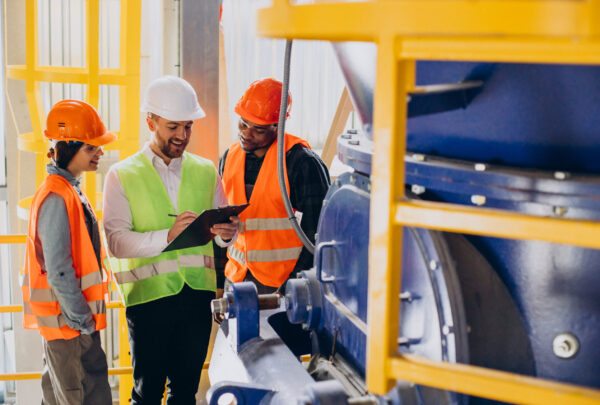 Three people discussing a plan at a factory