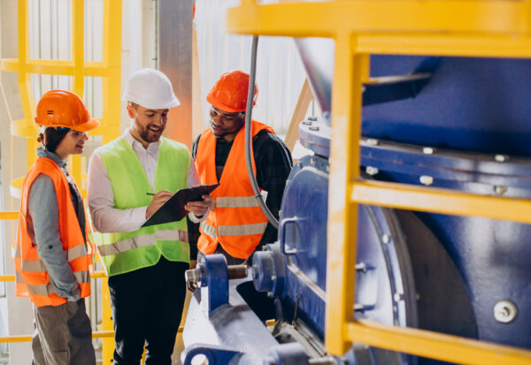 Three people discussing a plan at a factory